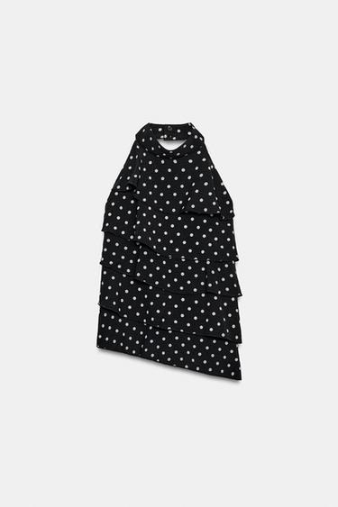 Zara 波點荷葉邊繞頸上衣 - 黑色 / 白色