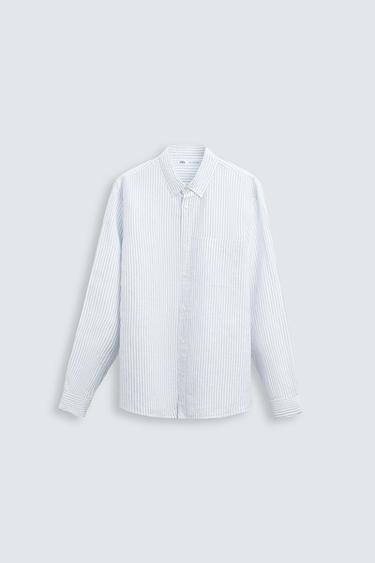 CAMISA DE LINHO - ALGODÃO - Branco / Azul-celeste da Zara
