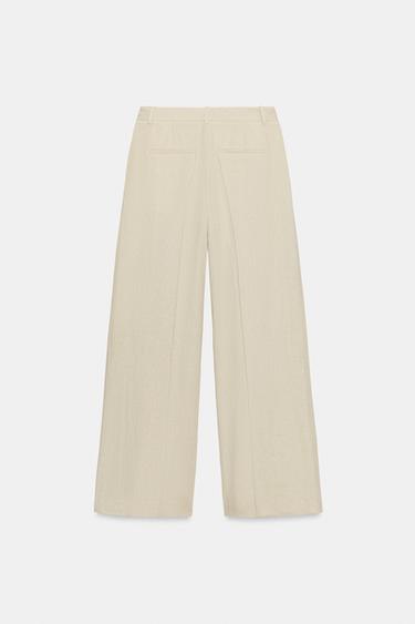 LNĚNÉ KALHOTY SE ŠIROKÝMI NOHAVICEMI - Světle béžová od Zara
