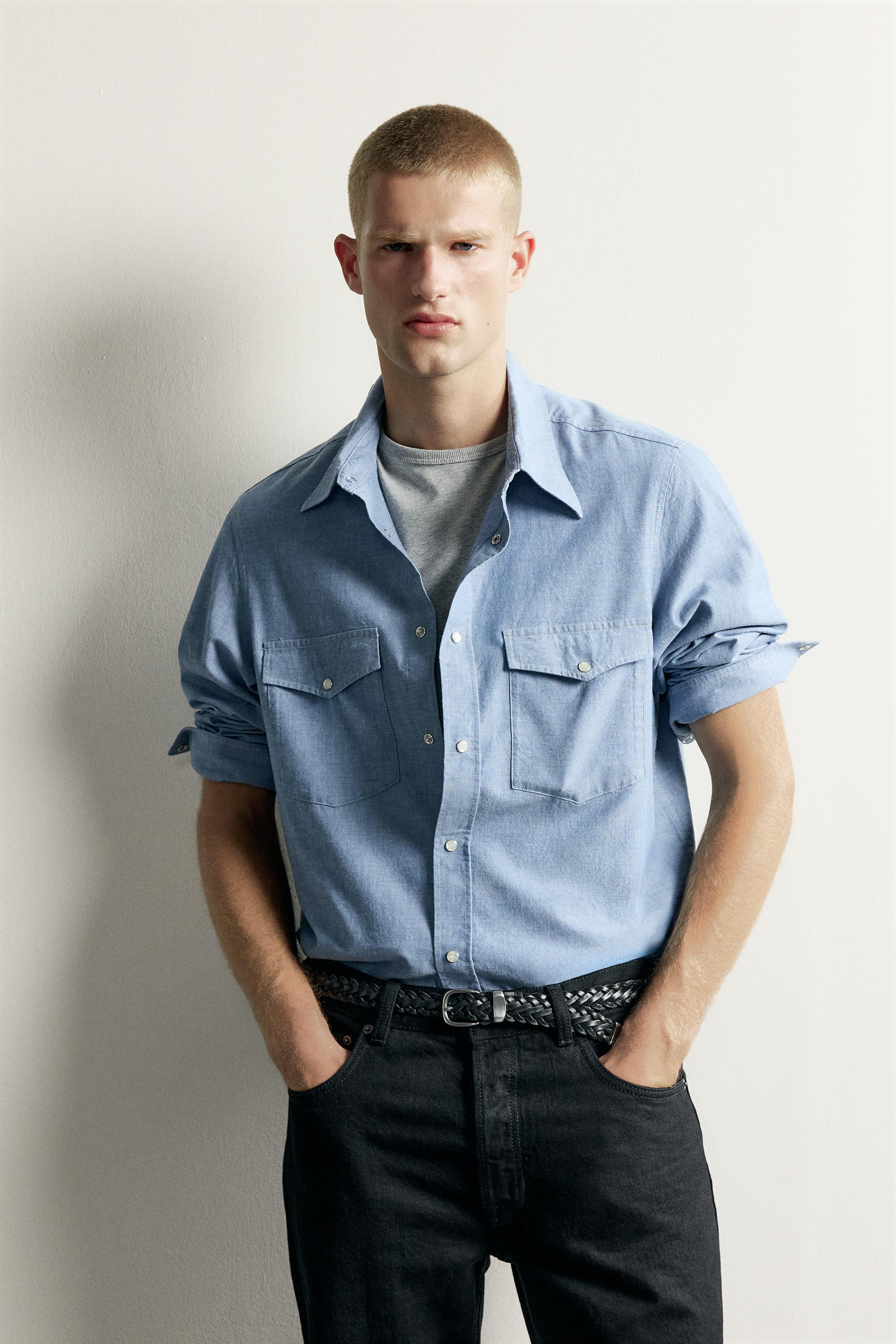 CHAMBRAY RELAXED FIT POCKET SHIRT — Blue