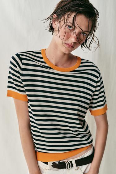 Zara STRIPED KNIT TOP - white-orange