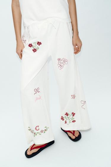 EMBROIDERED LONG TROUSERS - White by Zara - Image 1