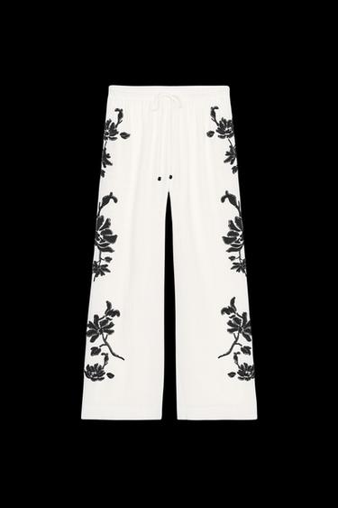Zara ZW COLLECTION FLORAL EMBROIDERED PANTS - Black / White - Image 0