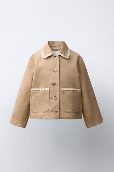 Zara FAUX SUEDE AND LACE TRIM JACKET - Beige