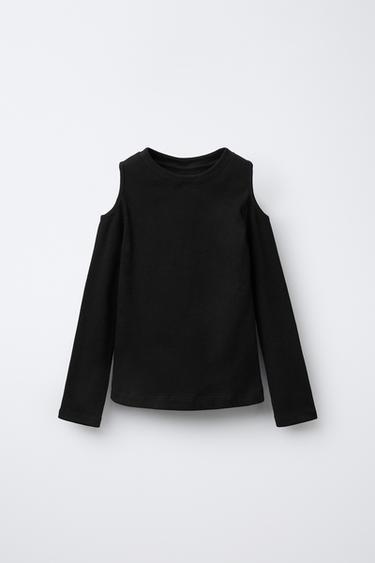 Zara RIB CUT-OUT T-SHIRT - Black