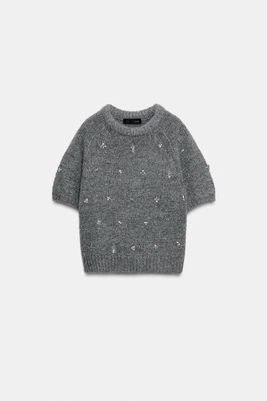 KNIT SWEATER WITH JEWEL BEADS - Grey by Zara - Image 4