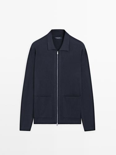 Cardigan zippé avec poches en coton et en laine - Bleu marine de Zara
