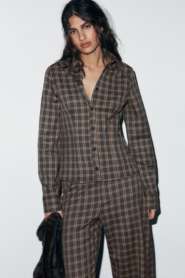 Zara FITTED PLAID SHIRT - Gray / Tan