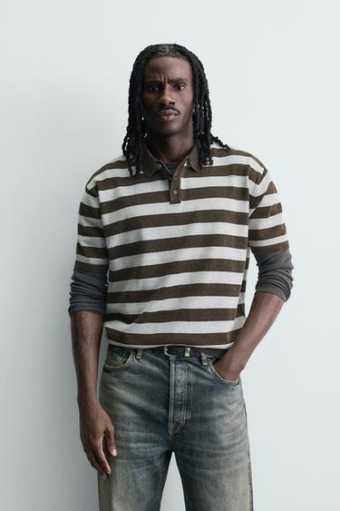 Zara JACQUARD STRIPED KNIT POLO SHIRT - Brown