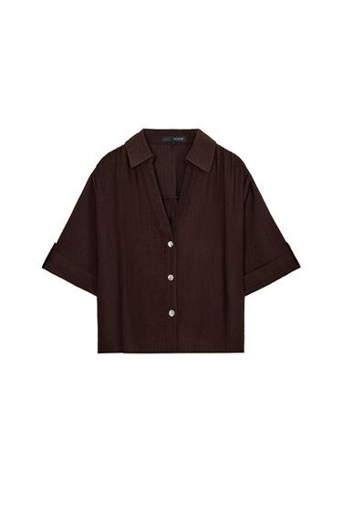 قميص منسدل بأكمام قصيرة - بني داكن الخاص بـ Zara