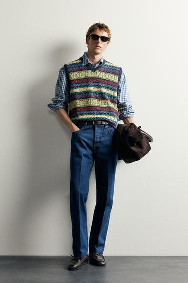 וסט סריג ז'קארד גאומטרי 100% פשתן AARON LEVINE X ZARA - כחול־ים של Zara