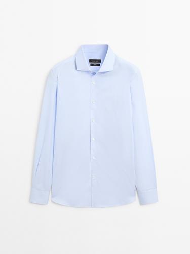 Zara Slim fit micro-checked 100% cotton shirt - Sky blue