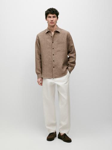 Camisa regular fit delavé detalle bolsillo lino - Beige de Zara