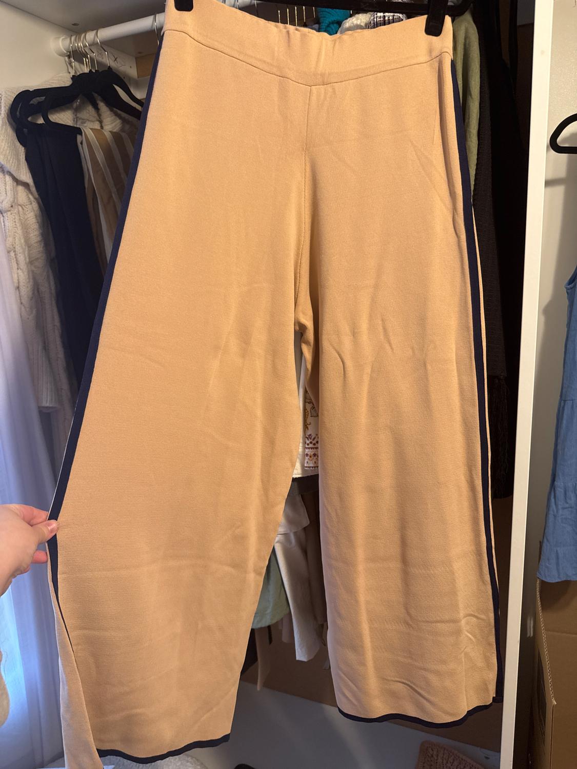 Beige wide-leg trousers hanging in a wardrobe, with black detailing on the edges. Background with clothes hanging.