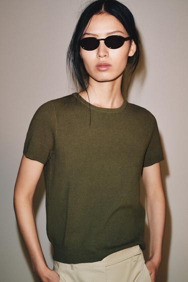 Zara SHORT SLEEVE KNIT TOP - Khaki