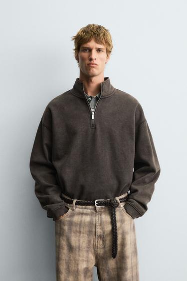 WASHED QUARTER-ZIP SWEATSHIRT - Brown by Zara