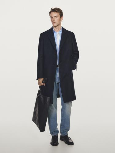 Zara 100% wool long coat with lapel collar - Navy blue