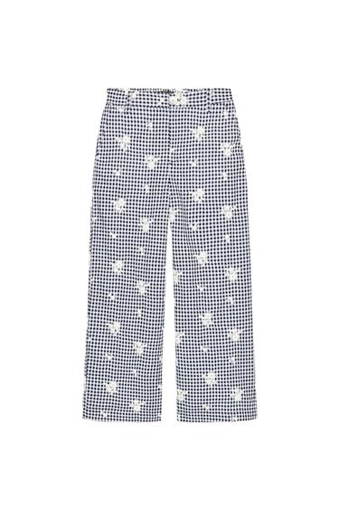 Zara EMBROIDERED PLAID CULOTTES - Navy / White