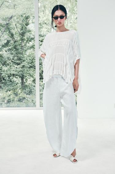 Zara ZW COLLECTION 100% 亞麻開衩長褲 - 白色