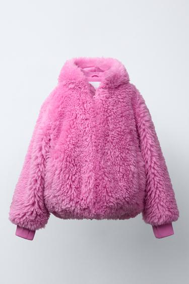 Zara FAUX FUR JACKET WITH HOODIE - Pink
