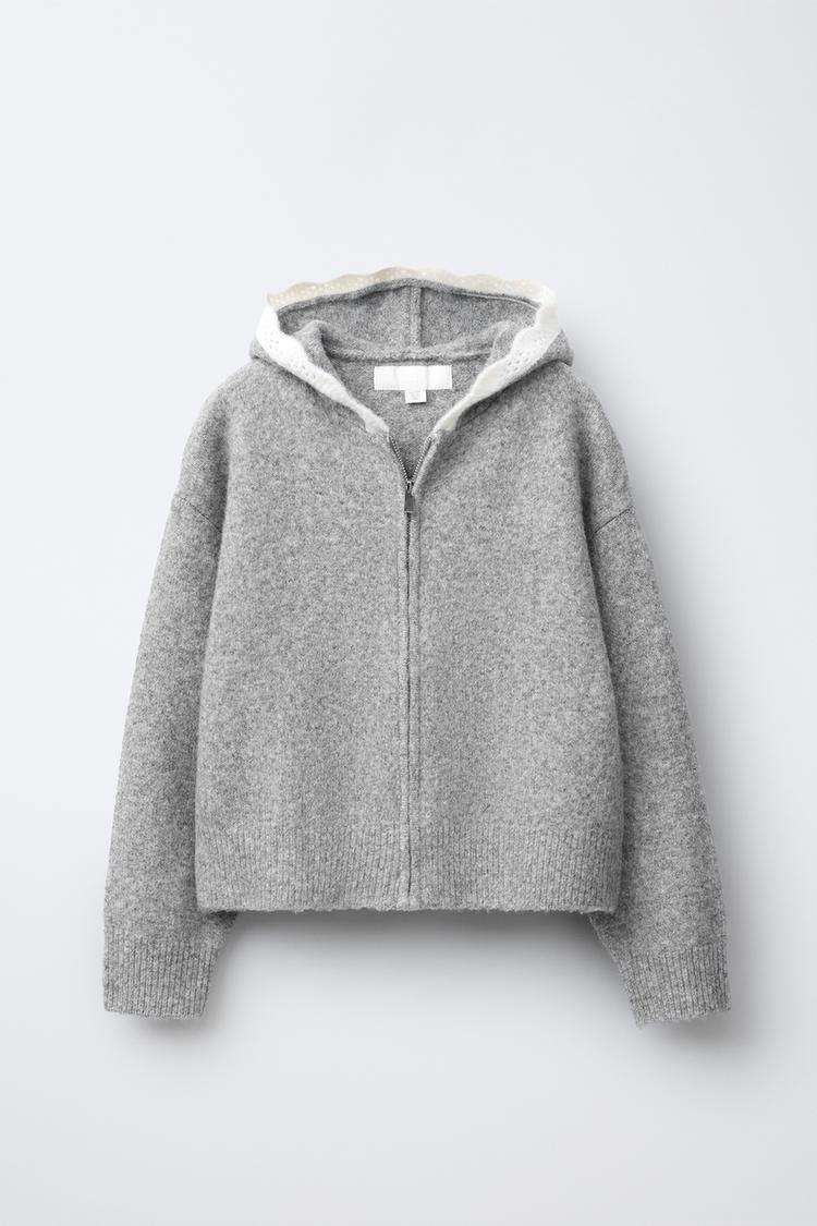 CROCHET TRIM HOODED CARDIGAN