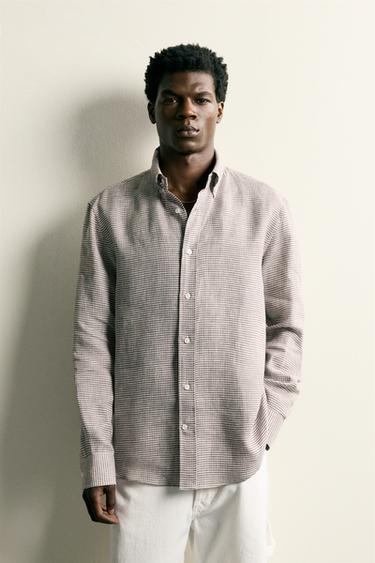 100% LINEN REGULAR FIT CHECKED SHIRT - camel by Zara