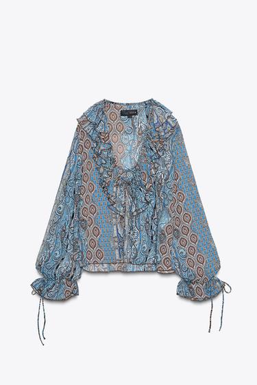 Zara ZW COLLECTION PRINTED RUFFLE SHIRT - Blues