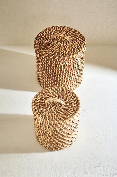 KIDS’ RATTAN HAMPER WITH LID - Light beige by Zara