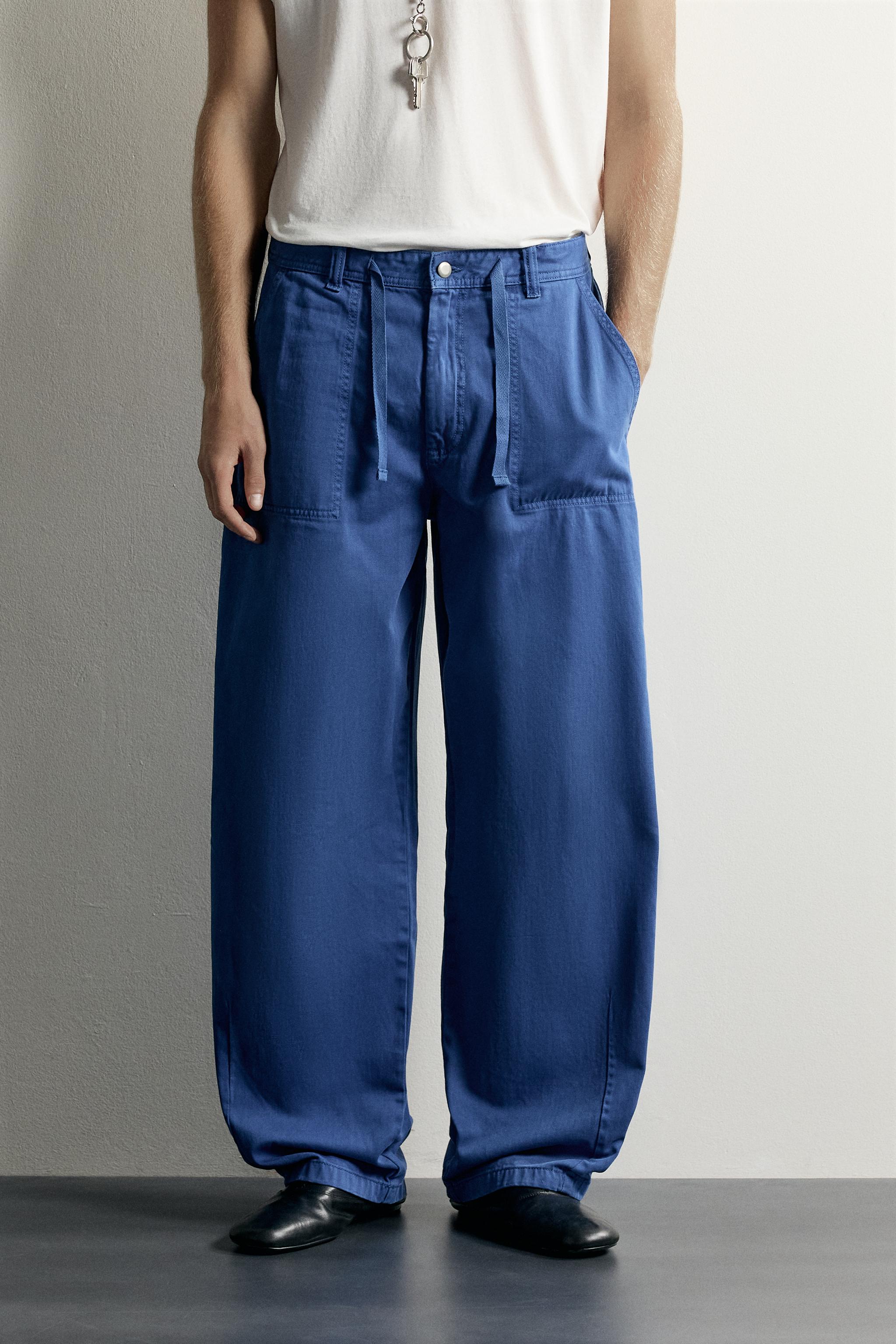 RELAXED STRAIGHT-FIT DRAWSTRING TROUSERS — Bluish