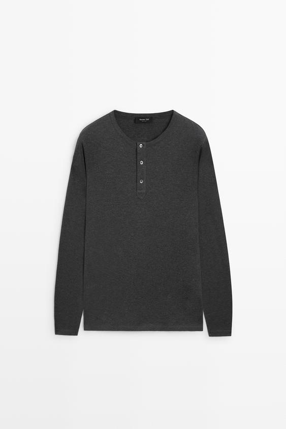 Zara 100% lightweight cotton henley T-shirt - Gray marl - Image 0