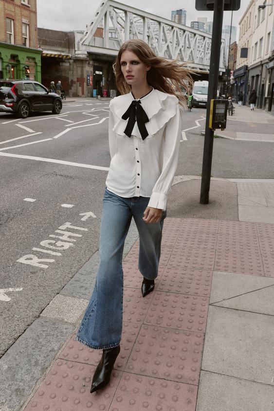 CONTRAST TIE RUFFLE BLOUSE