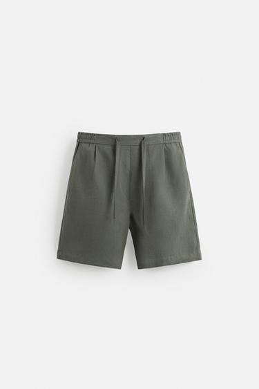 100% LINEN BERMUDA SHORTS - Green / Blue by Zara