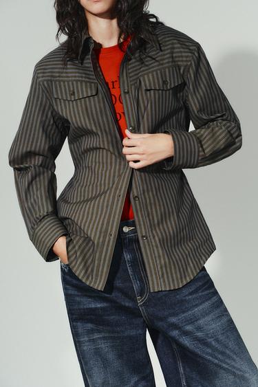 Zara STRIPED POPLIN SHIRT - Brown-Blue