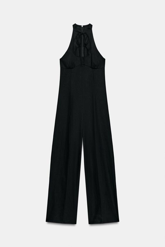 zara halter jumpsuit dress Zara - Linen Blend Wide-Leg Halter Jumpsuit - Black - Xl