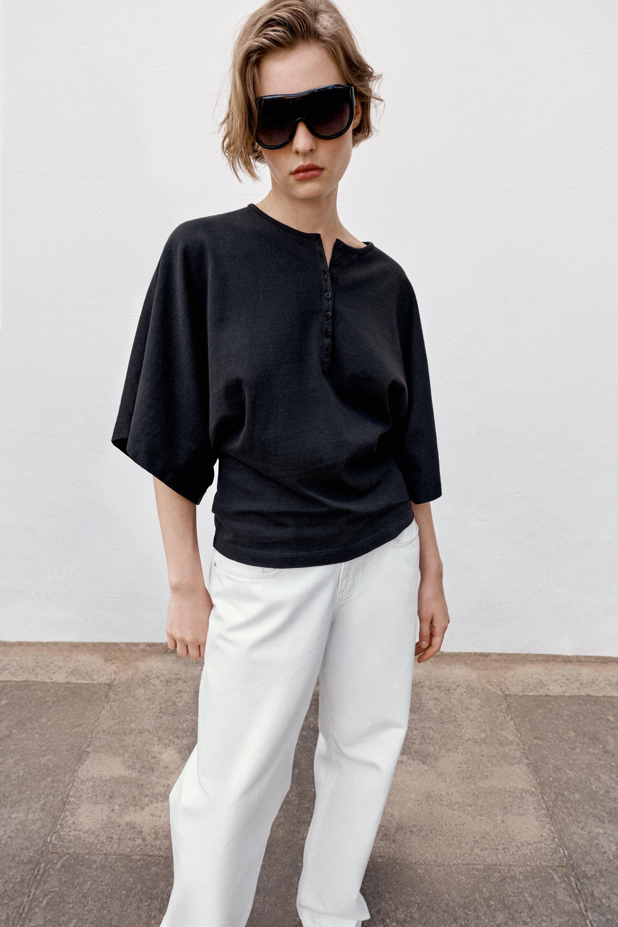 HENLEY NECK T-SHIRT — Black