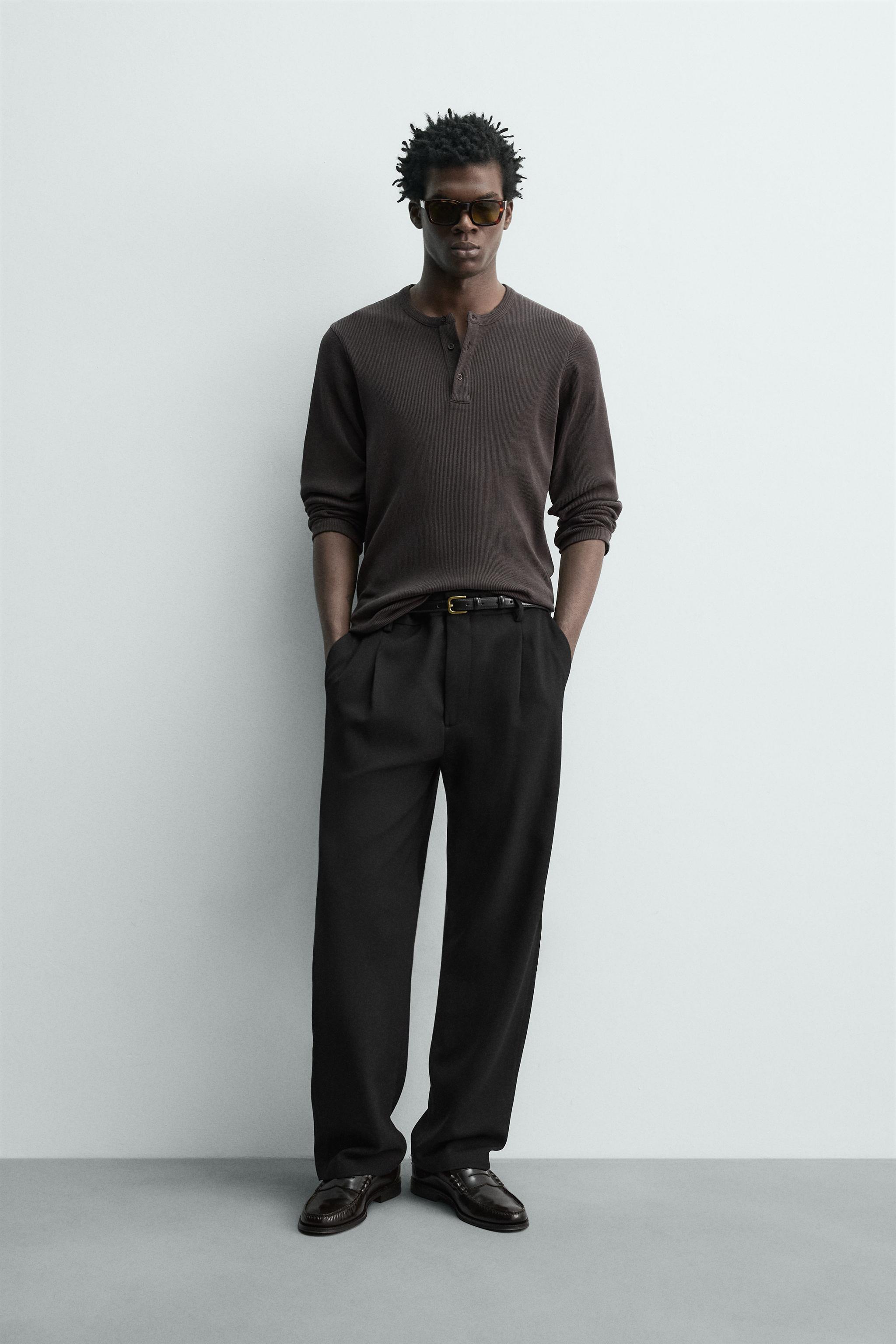 リブヘンリーネックTシャツ - ブラック/ブラウン | ZARA Japan / 日本