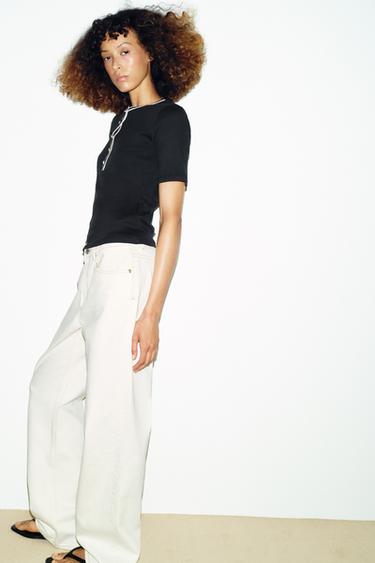 CONTRAST PIPING T-SHIRT - Black / White by Zara - Image 2