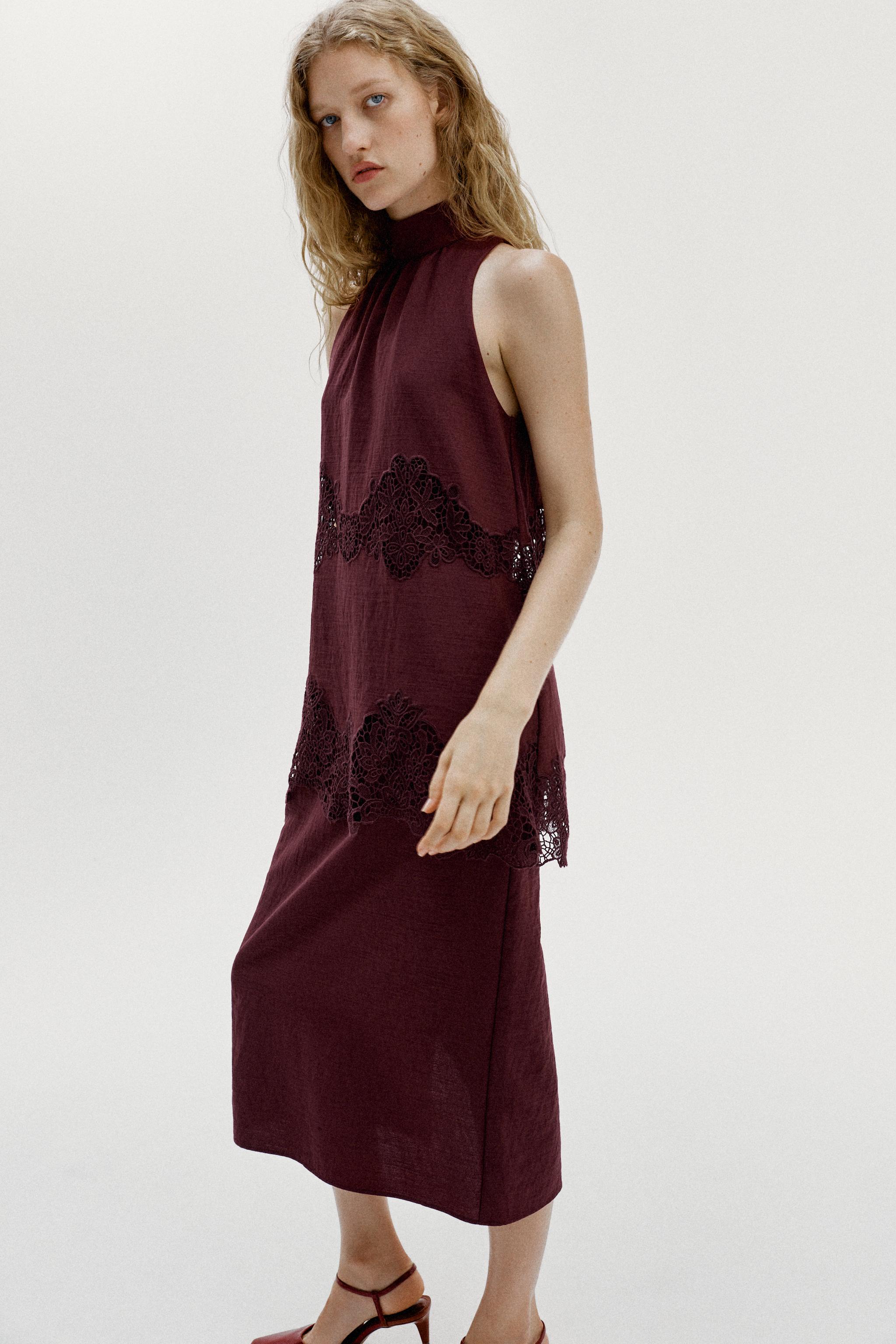 Женские платья Zara EMBROIDERED HALTER MIDI DRESS — фото 4