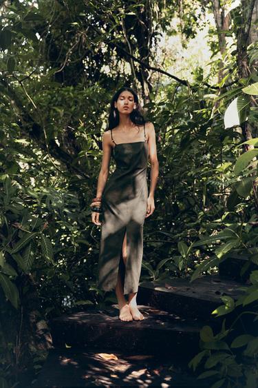 LINEN BLEND MIDI DRESS - Dark khaki by Zara - Image 2