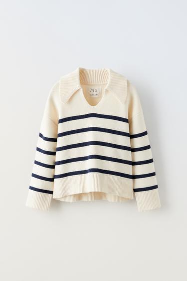 YOQA KOMPONENTLI YOʻL-YOʻL TRIKOTAJ SVITER - Ekryu Zara tomonidan - Tasvir 0