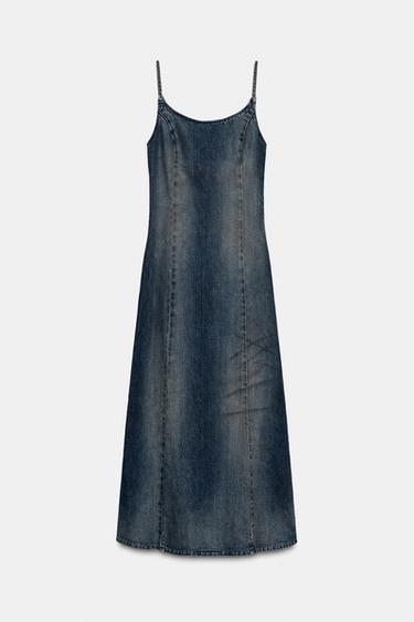 Zara TRF 褪色效果牛仔中長版洋裝 - 藍色