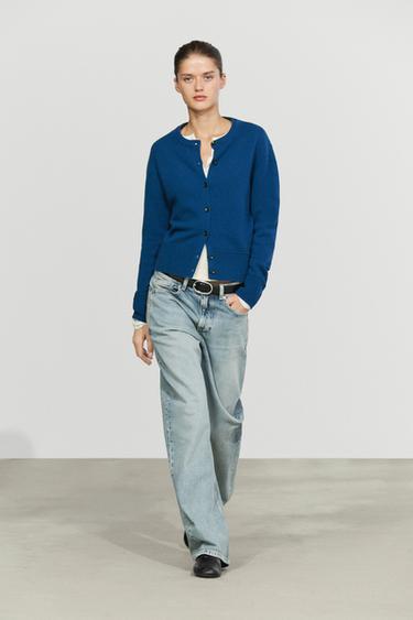 100% Wool Short Knit Cardigan — Blue 1