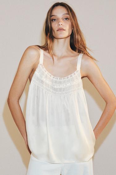 Zara ZW COLLECTION LACE SATIN EFFECT TOP - Oyster-white