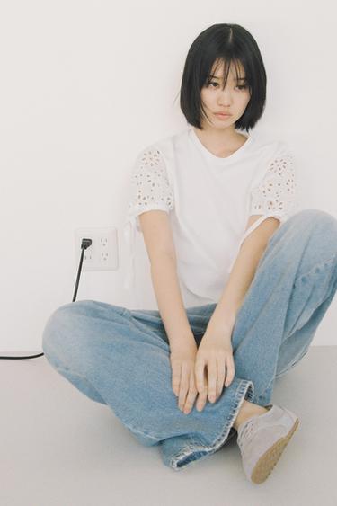 EMBROIDERED T-SHIRT WITH TIES - White by Zara