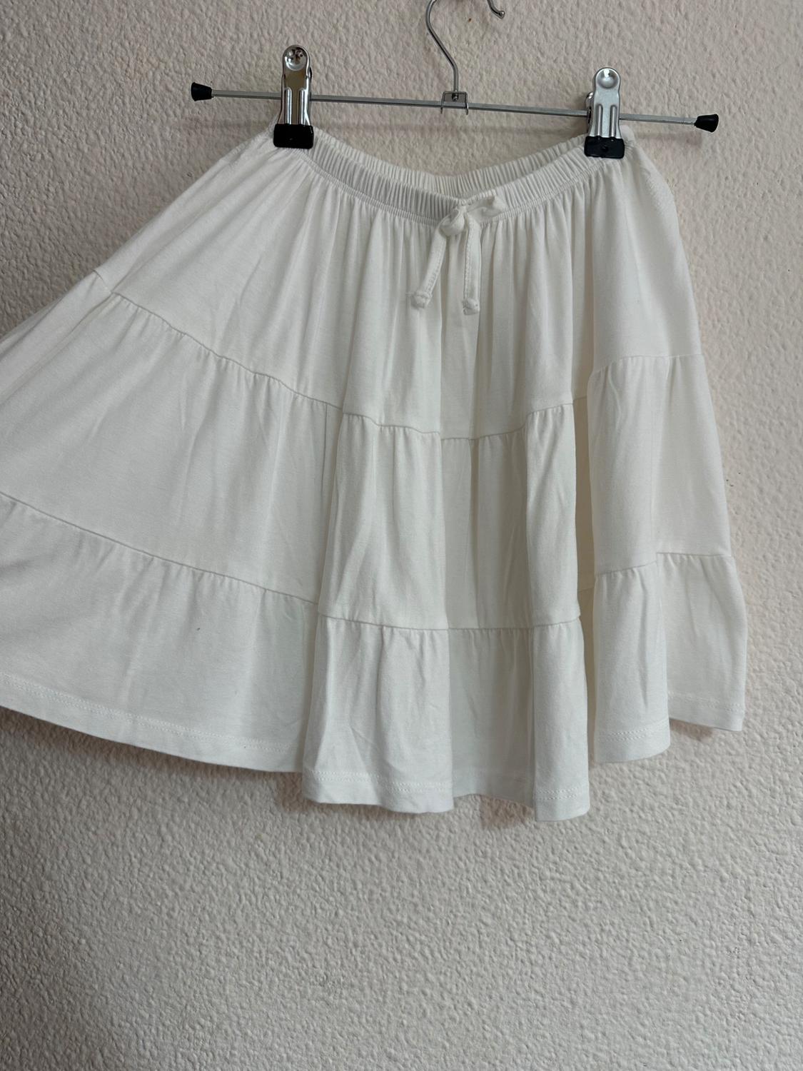 White cotton skirt with ruffles, hanging on a metal hanger against a textured wall.