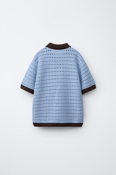 CROCHET KNIT POLO SHIRT - Pastel blue by Zara - Image 1