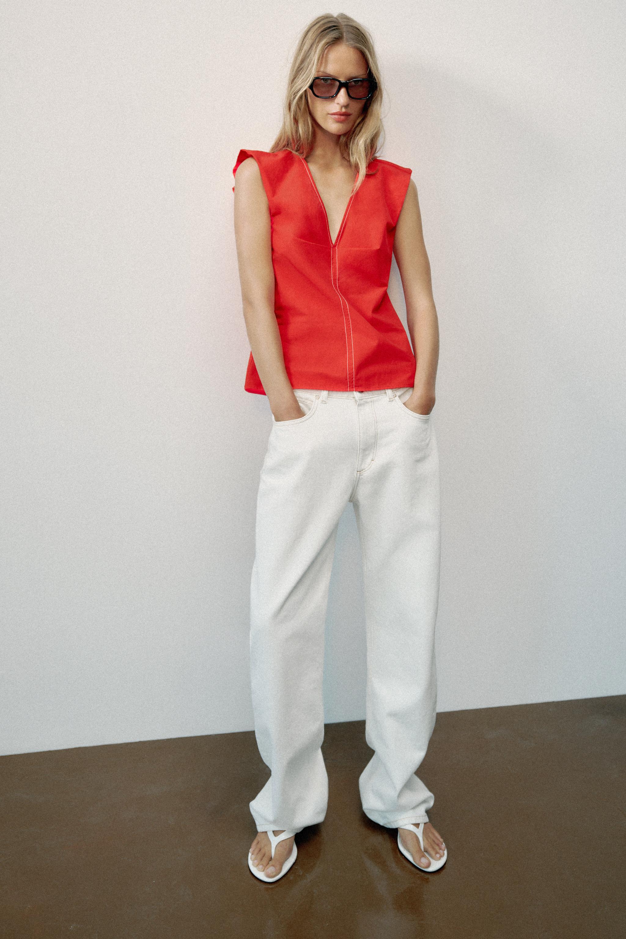 CONTRAST STITCH POPLIN TOP