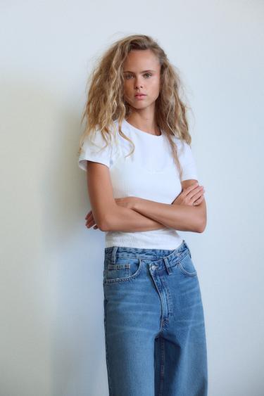 JEANS TRF WIDE LEG بخصر متصالب وسرج عالٍ - أزرق الخاص بـ Zara