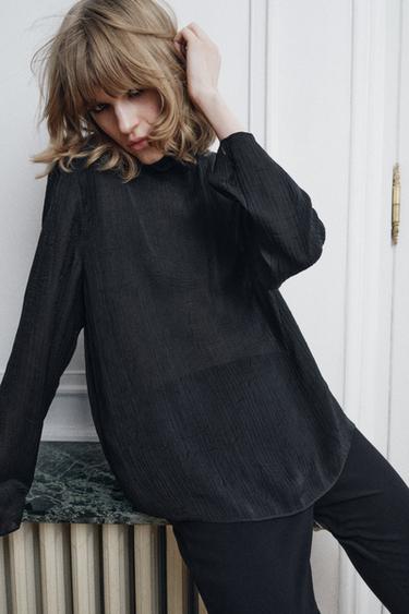 ZW COLLECTION SEMI-SHEER CREASED-EFFECT BLOUSE - Black by Zara