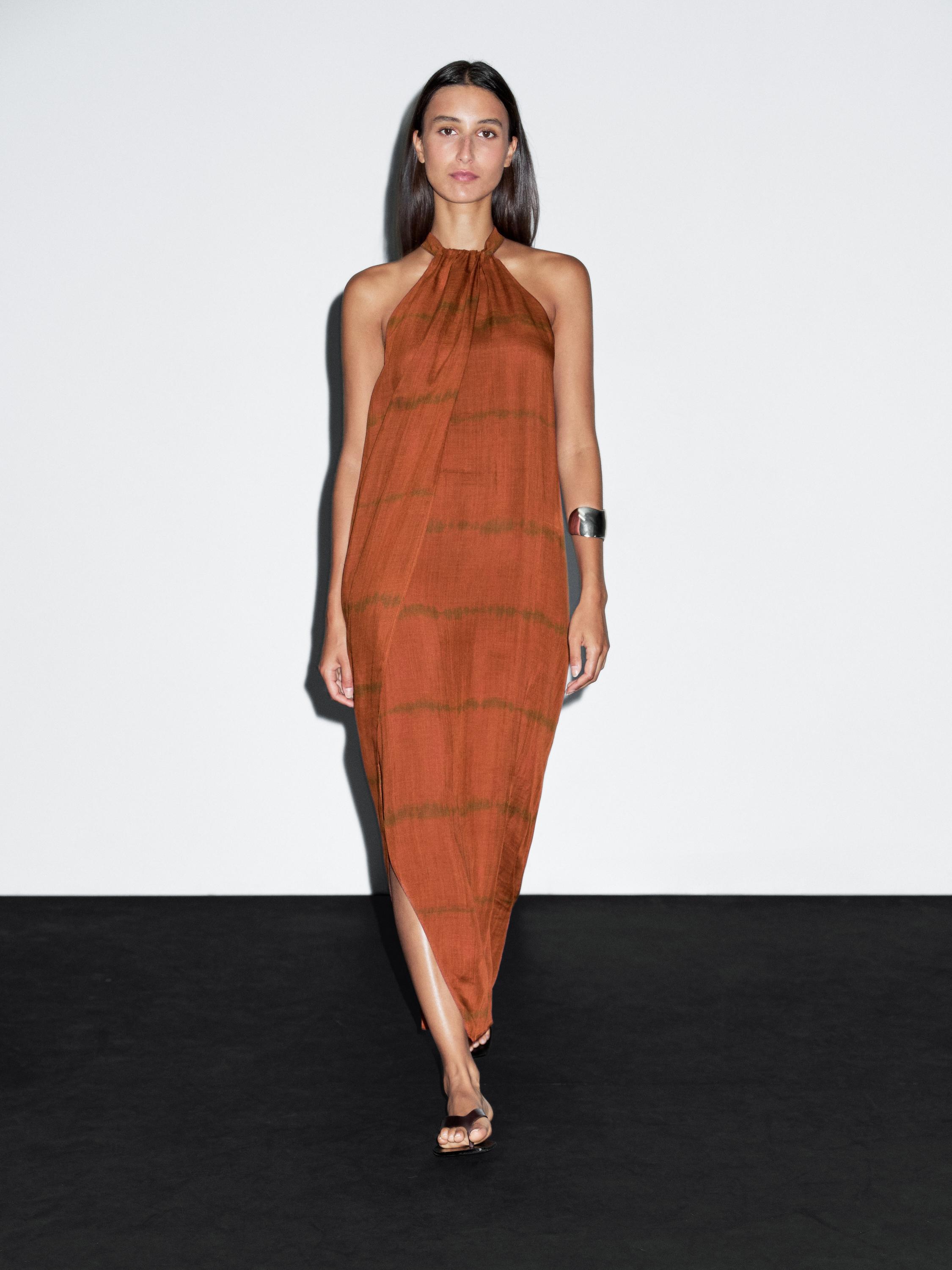 Robe longue encolure américaine imprimé à rayures